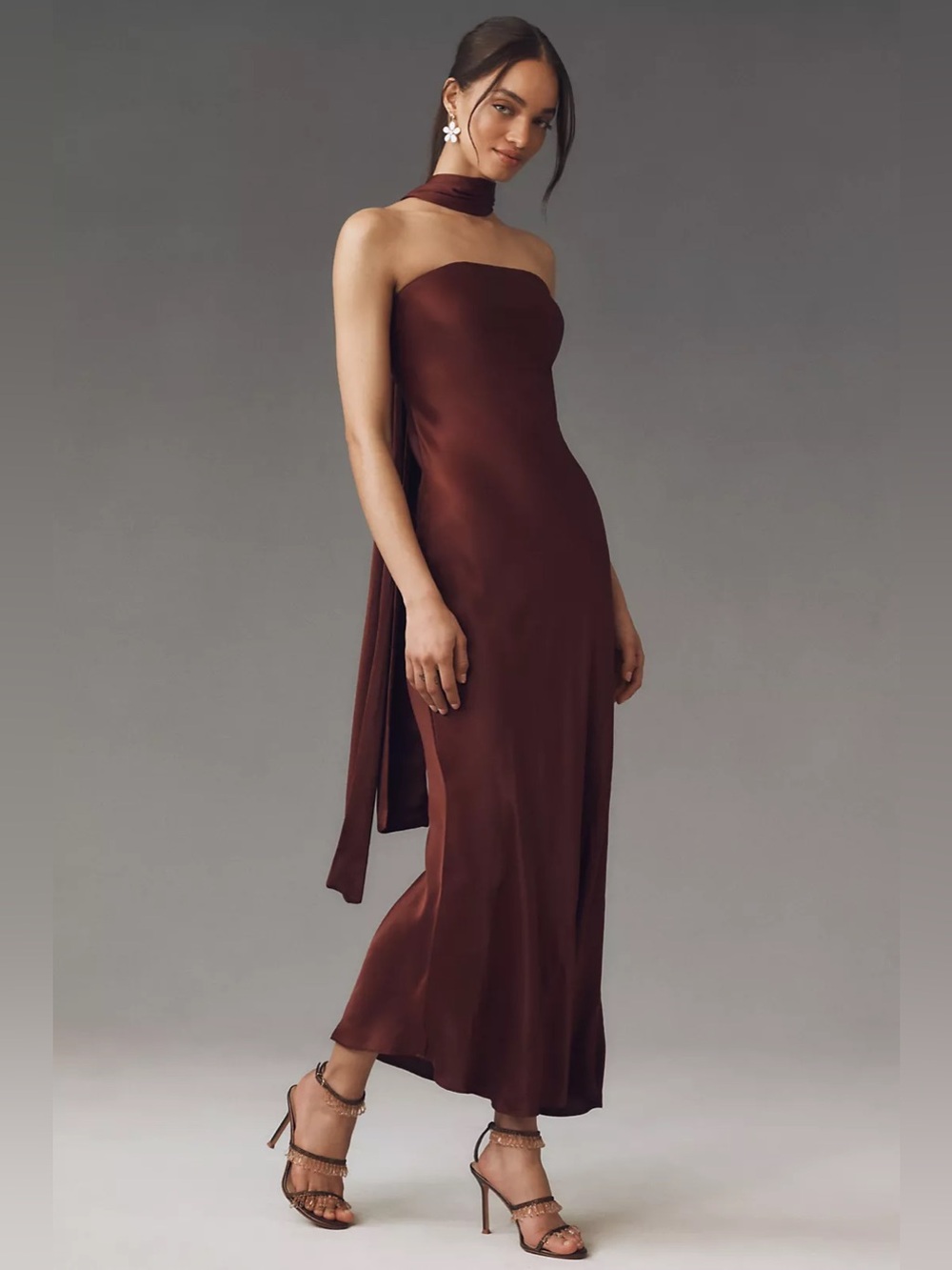 NWT BHLDN Anthropologie Leah Strapless Satin Scarf Slip Midi Dress S Cocoa Plum